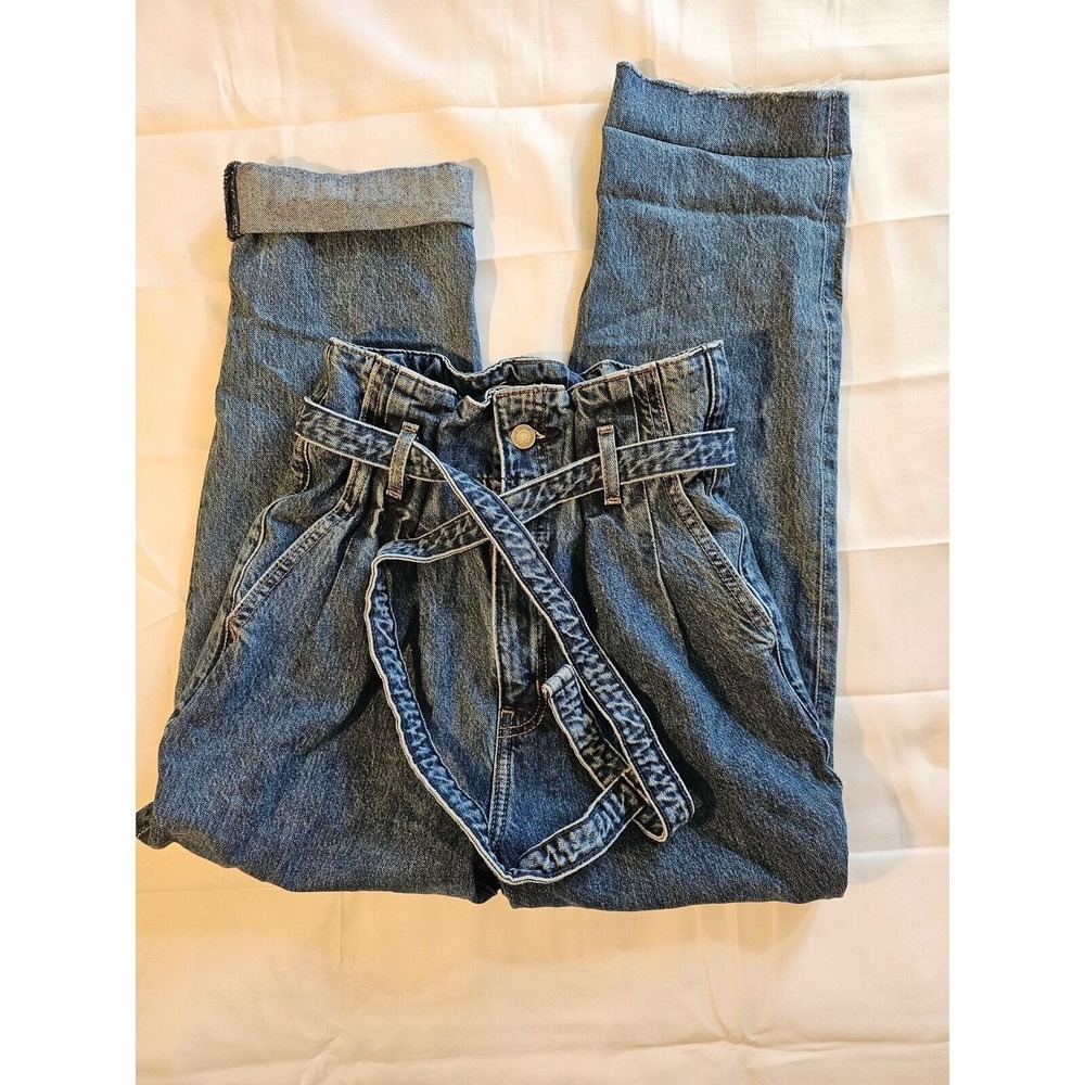 Abercrombie & Fitch A&F High Rise Mom Jeans Raw Hem Cuff Belted Paperbag 24 / 00